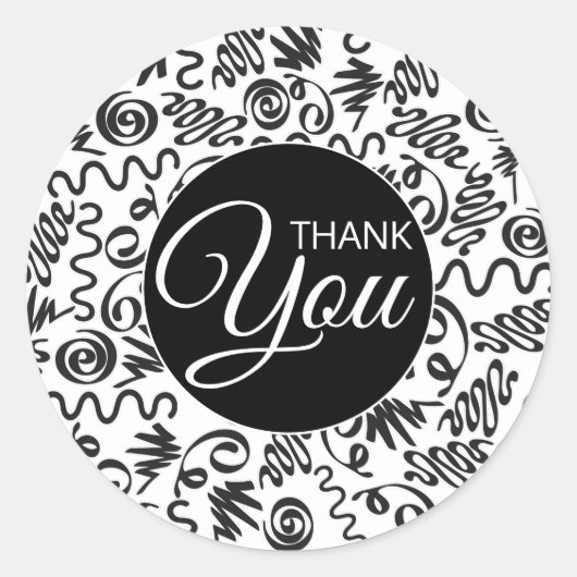 Sticker Rond Merci Doodle Curls Noir et Blanc (Devant)