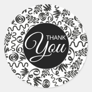 Sticker Rond Merci Doodle Curls Noir et Blanc