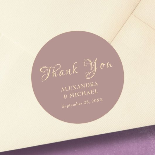 Sticker Rond Merci d'or Calligraphie Rose Dusty Mariage