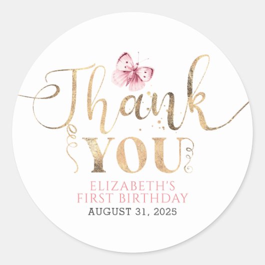 Sticker Rond Merci d'or et papillon rose (Devant)