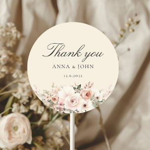 Sticker Rond Merci ! Élégant, beige, pastel, fleur, mariage