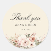 Sticker Rond Merci ! Élégant, beige, pastel, fleur, mariage (Devant)