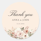 Sticker Rond Merci ! Élégant, pêche, pastel, fleur, mariage (Devant)