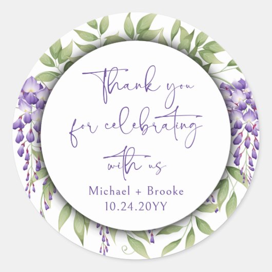 Sticker Rond Merci Élégant violet  Floral Script Mariage (Devant)