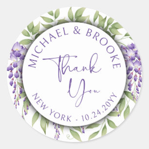Sticker Rond Merci Élégant violet  Floral Script Mariage