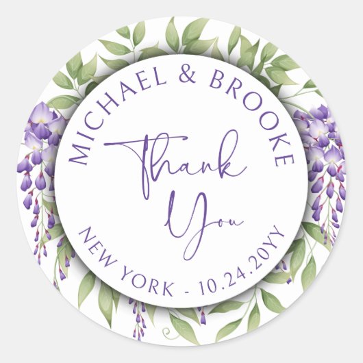 Sticker Rond Merci Élégant violet Floral Script Mariage (Devant)