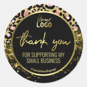 Sticker Rond Merci Empreinte de léopard Rose Black Gold