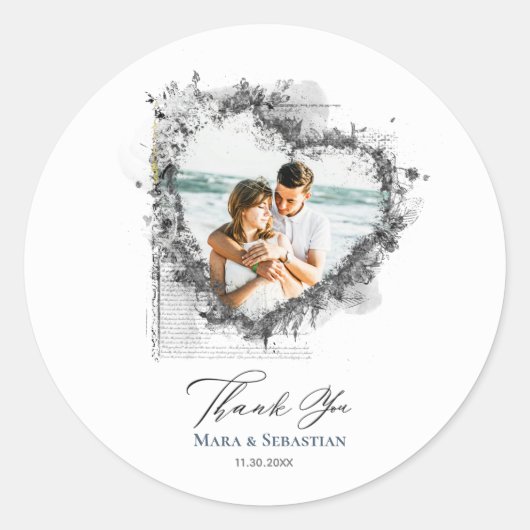 Sticker Rond *~* MERCI éphémère du coeur AR18 Mariage élégant (Devant)