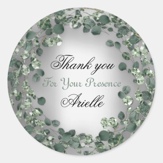 Sticker Rond Merci Eucalyptus Anniversaire Mariée Gris (Devant)