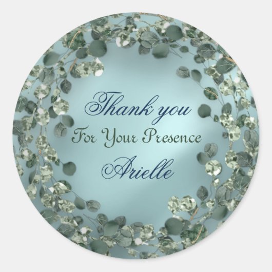 Sticker Rond Merci Eucalyptus Anniversaire Mariée Verdure Aqua (Devant)