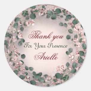Sticker Rond Merci Eucalyptus Anniversaire Mariée Verdure Rose
