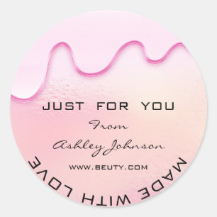 Sticker Rond Merci Fabriqué Avec Amour Holographe Vagues Rose