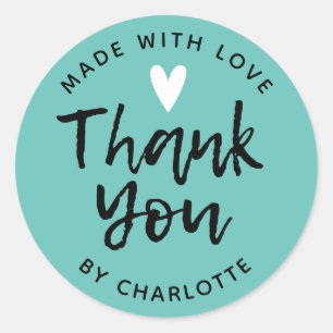 Sticker Rond Merci fait à la main avec amour turquoise