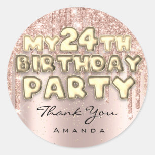 Sticker Rond Merci Fête d'anniversaire 24 ans Glitter Drips Ros