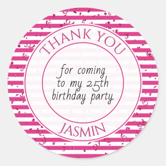 Sticker Rond Merci fête d'anniversaire Fuchsia/White Stripe (Devant)