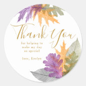 Sticker Rond Merci Feuilles d'Automne Élégant Script Or (Devant)