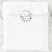 Sticker Rond Merci Fiançailles Floral bleu. (Sac)