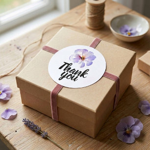 Sticker Rond Merci Fleur Aquarelle Bleu Lavande Mignonne