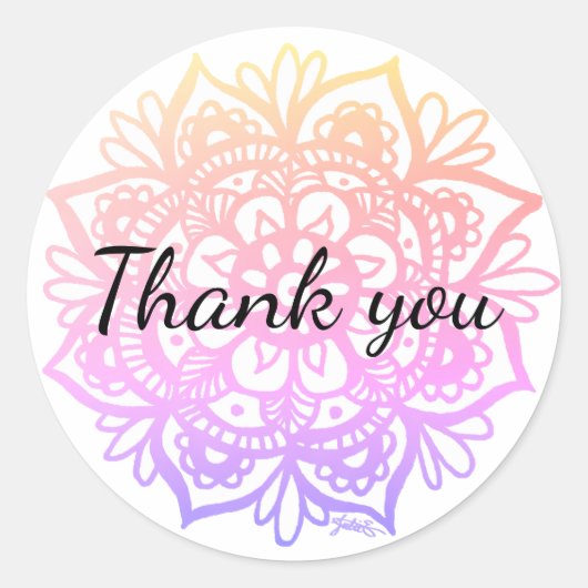 Sticker Rond Merci Fleur Mandala Rose Violet Pastel (Devant)