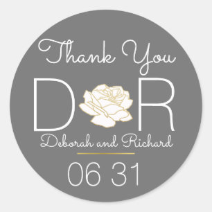 Sticker Rond merci . fleur rose . mariage gris faveur