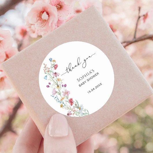 Sticker Rond Merci fleur sauvage Baby shower