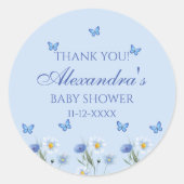 Sticker Rond Merci Fleur sauvage Baby shower papillon bleu (Devant)