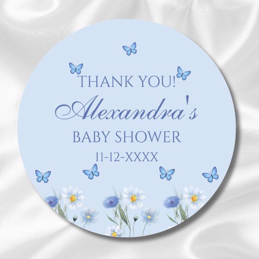 Sticker Rond Merci Fleur sauvage Baby shower papillon bleu
