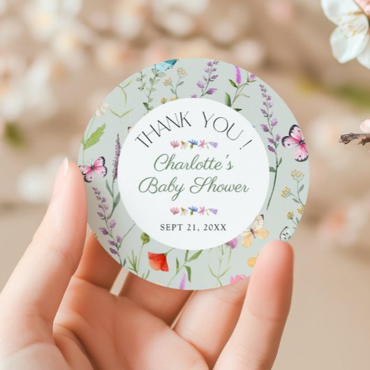 Sticker Rond Merci fleur sauvage de Baby shower Floral