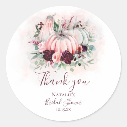 Sticker Rond Merci Fleurs Automne Rose et Bourgogne (Devant)