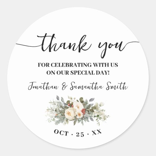 Sticker Rond Merci Fleurs Blanches d'Hiver Mariage (Devant)
