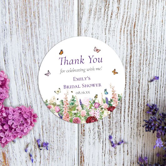 Sticker Rond Merci Fleurs et Papillons Rose Violet