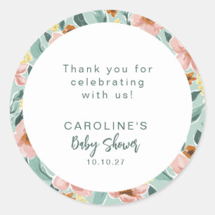 Sticker Rond Merci Fleurs Rose Sauge Personnalisé pour Baby Sho