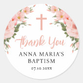 Sticker Rond Merci Fleurs Roses Fille Baptême (Devant)