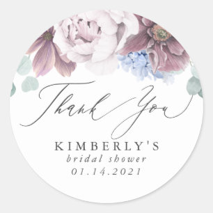 Sticker Rond Merci floral bleu mauve et dusty