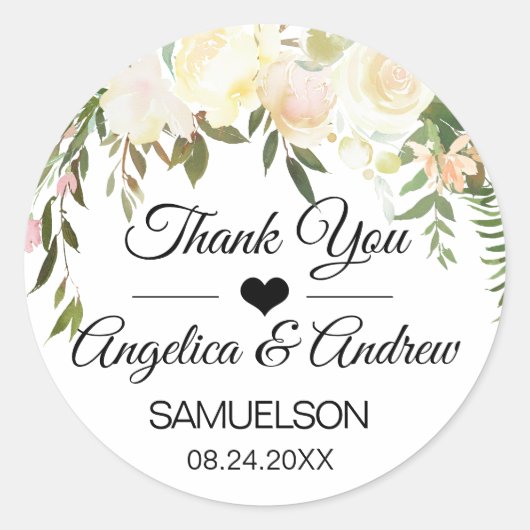 Sticker Rond Merci Floral Blush Mariage d'ivoire rose (Devant)