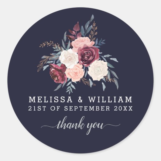 Sticker Rond Merci Floral Bourgogne Mariage (Devant)