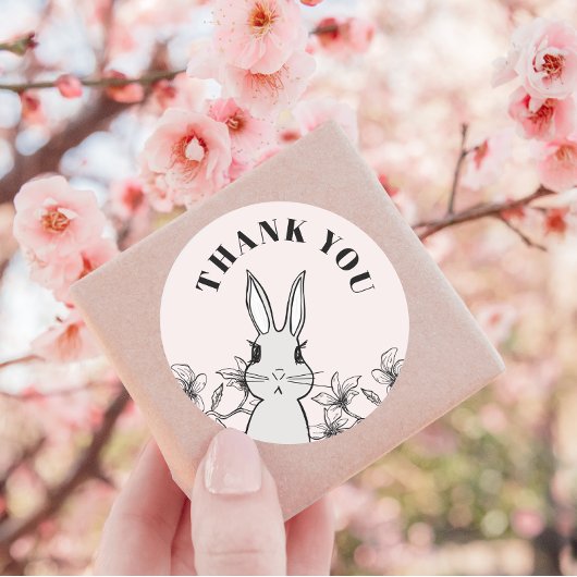 Sticker Rond Merci floral de lapin rose classique