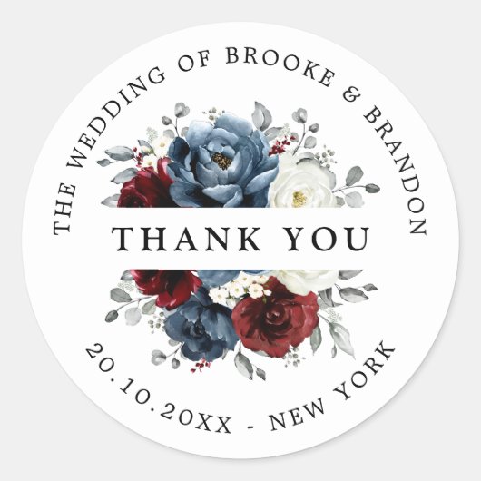 Sticker Rond Merci floral d'ivoire blanc bleu ardoise (Devant)