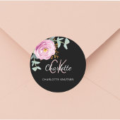 Sticker Rond Merci floral noir rose eucalyptus
