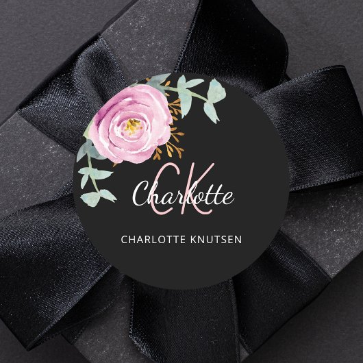 Sticker Rond Merci floral noir rose eucalyptus