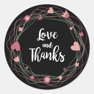 Sticker Rond Merci floral rose, Coeurs de couronne noire Fleurs