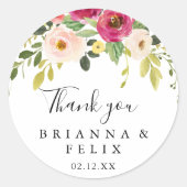 Sticker Rond Merci Floral Rose Vert Mariage Favoriser (Devant)