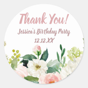 Sticker Rond Merci floral vintage d'aquarelle de rose et d'or
