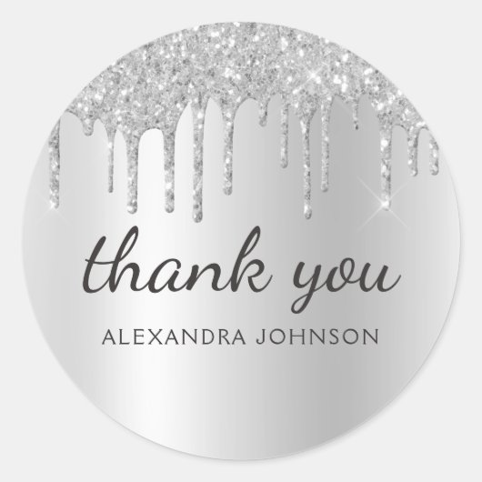 Sticker Rond Merci Glittering Silver Dripping (Devant)