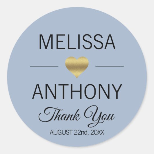 Sticker Rond Merci Gold Heart Dusty Blue Mariage Seals (Devant)