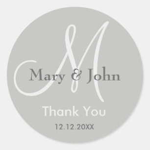 Sticker Rond Merci gris argenté Mariage monogramme sceau