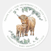 Sticker Rond Merci Highland Cow Boho Baby shower vert (Devant)