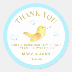 Sticker Rond Merci jaune de baby shower de bleu de ciel de