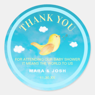 Sticker Rond Merci jaune de baby shower de ciel bleu de birdie