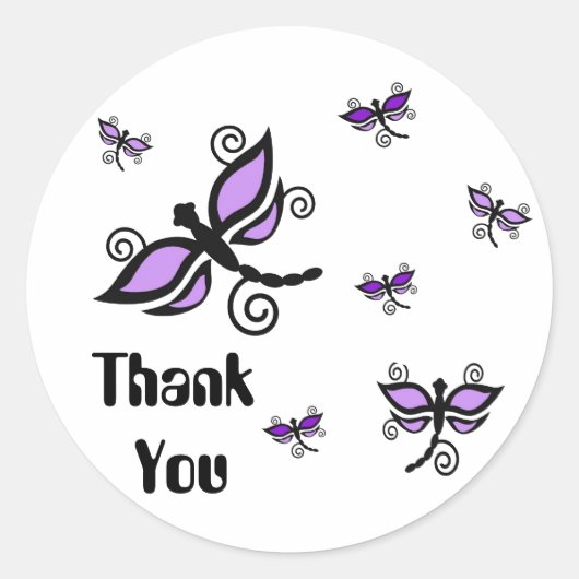 Sticker Rond Merci, libellules d'art numérique pourpre (Devant)